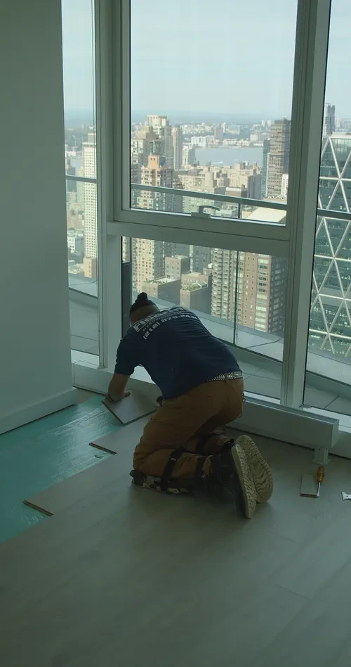 Nolan installer fitting plank flooring in a New York high-rise