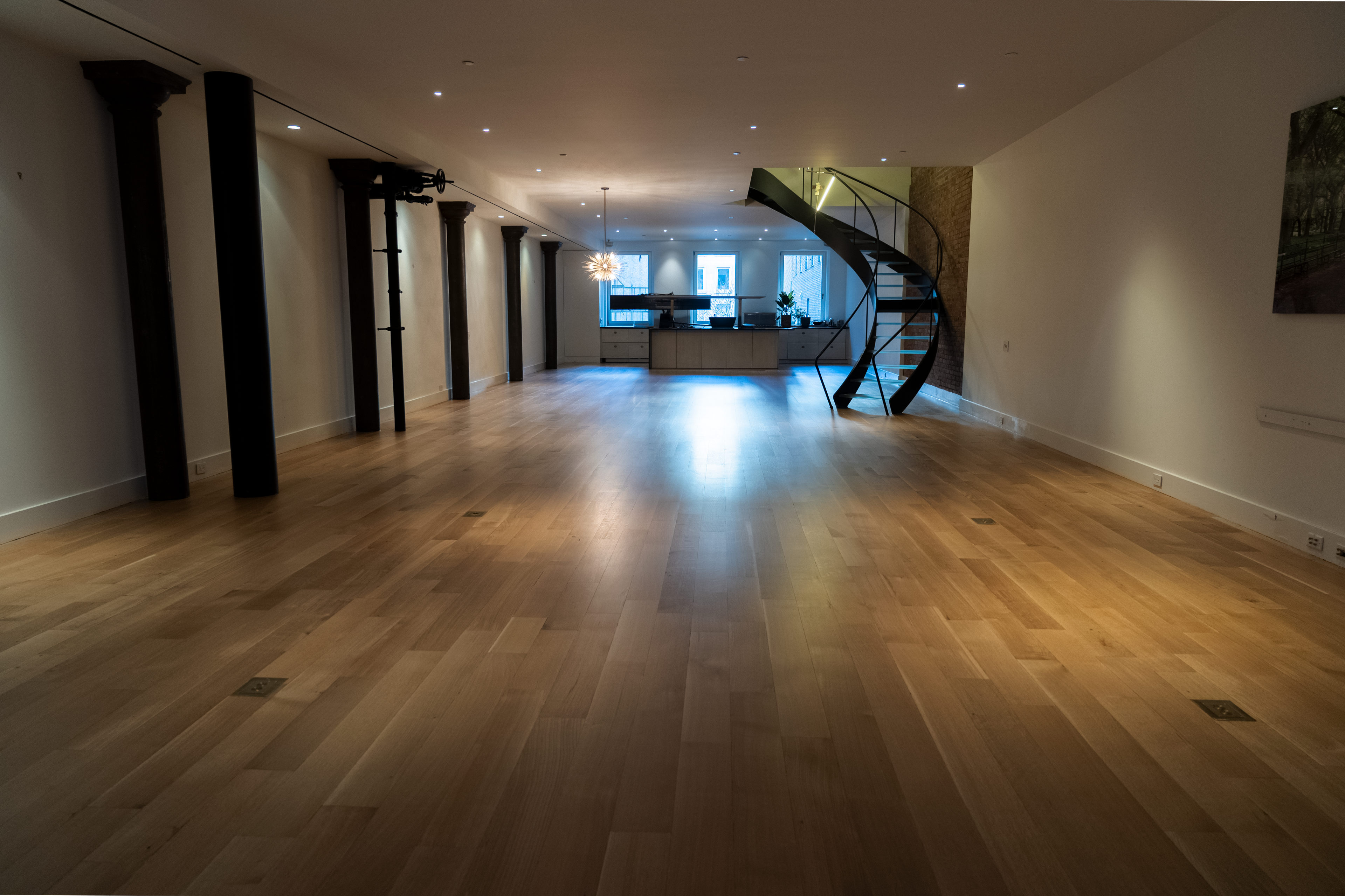 Wide-plank hardwood through the open loft at Wooster St